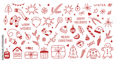 Winter hand drawn set of seasonal elements isolated on a white background. Christmas linear sketch. Vector retro icons	