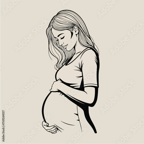 A detailed line art illustration of a pregnant woman cradling her belly, symbolizing motherhood and new beginnings with elegant simplicity and a gentle expression