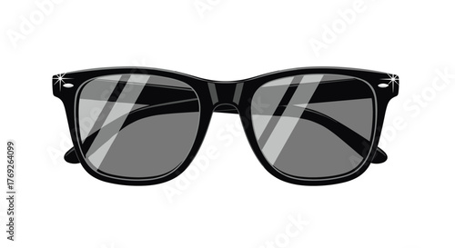 Iconic black sunglasses featuring reflective dark grey lenses and subtle sparkling details on the classic frames, isolated on a white background.