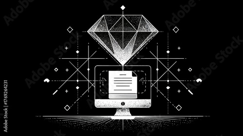 Digital data valuation and information quality concept. Diamond over a computer monitor displaying a document, symbolizing valuable digital assets and insights.
