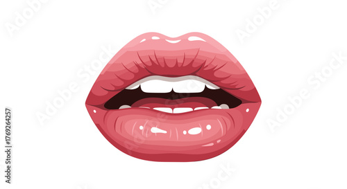 An illustration features glossy, open pink lips with visible white teeth and a dark oral cavity, set against a pristine white background.
