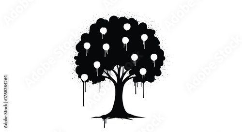 Graffiti-style black tree with white circles and dripping paint, symbolizing urban art and nature.