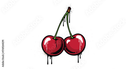 Stylish graffiti art illustration of two juicy red cherries with dripping paint effects and splatters on a clean white background.