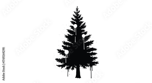 Stylized black evergreen tree silhouette with dripping white paint ornament details, featuring a modern grunge aesthetic on a clean white background.