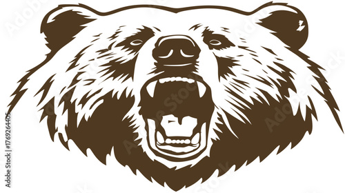 Fierce brown bear head roaring vector illustration, powerful wildlife animal with open mouth and sharp teeth, aggressive grizzly mascot graphic.