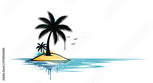 Stylized tropical island illustration with silhouetted palm trees, sandy beach, serene blue ocean, and flying birds in a grunge art style.