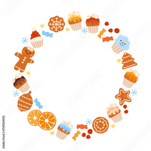 Holidays decoration border with cute cakes and gingerbread cookies for greeting card invitation. Christmas and New Year design holiday frame. Vector illustration.