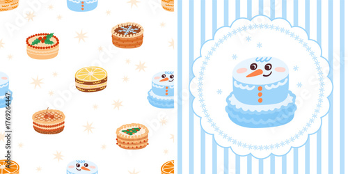 Cute Christmas cakes and desserts. Vector illustration of delisious homemade cakes. Festive greeting card and seamless pattern template.