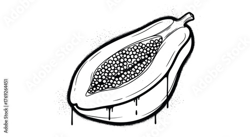 Edgy black and white illustration of a papaya sliced open, showcasing its many seeds, rendered with a street art, spray paint and drip aesthetic.