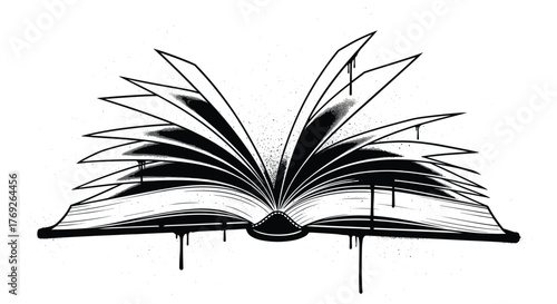 Stylized black and white illustration of an open book with fanned pages and ink drips, symbolizing creativity and knowledge.