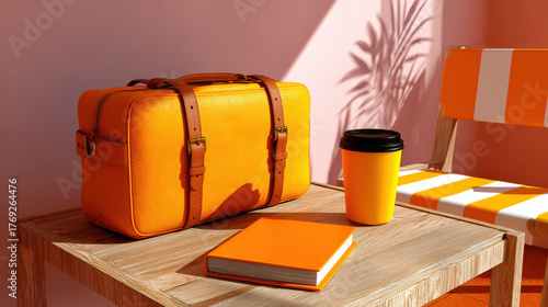 Vibrant digital scene showcases stylish orange bag, notebook, and coffee cup on wooden table, perfect for budget friendly nomad lifestyle
