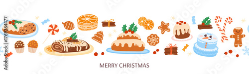 Colourful traditional Christmas cakes and desserts border. Vector illustration of delisious cakes, cupcakes, pie, muffins, gingerbread, candies and cinnamon decoration on a white.