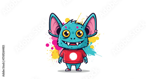 A cute, friendly cartoon monster with big ears and fangs, wearing a red t-shirt, stands cheerfully amidst colorful paint splatters.