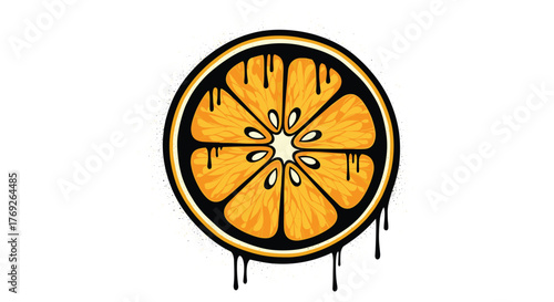 A vibrant and edgy illustration of a citrus orange slice with a black outline and dripping elements, evoking a street art or graffiti aesthetic.
