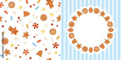 Colorful set of cute Christmas decoration. Seamless pattern with gingerbread cookies and candies. Vector illustration.