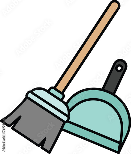 Cleaning broom and dustpan flat vector illustration representing household chores, hygiene and cleanliness concept