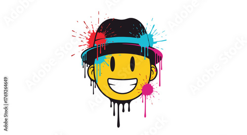 A graphic illustration of a smiling face wearing a fedora hat, embellished with energetic red, blue, and magenta paint splatters and black drips.