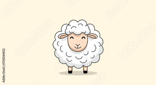 A cute cartoon sheep with fluffy white wool stands smiling on a plain light background, embodying gentleness and charm.