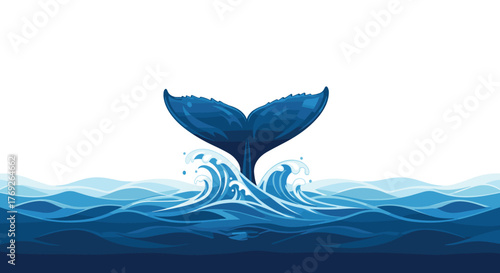 Whale tail diving into deep blue ocean waves with splashes and ripples, illustrating marine wildlife and the power of nature.