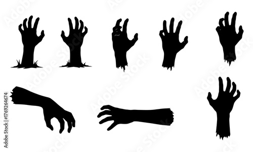 Spooky halloween zombie hands erupting from ground and reaching out for fearful fun