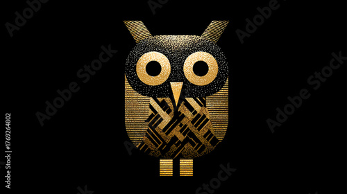 Stylized Golden Owl Graphic on Black Background with Textured Geometric Pattern, Modern Abstract Avian Design, Wisdom Symbol