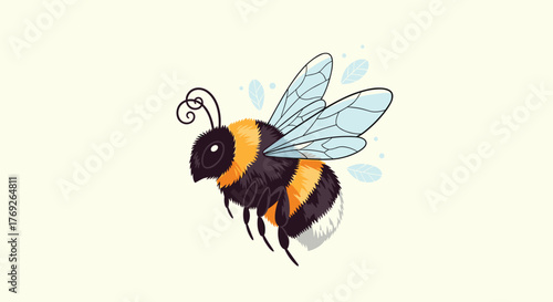 A charming cartoon bumblebee with black and orange stripes and delicate blue wings hovers gently against a soft background.