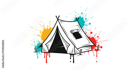 Stylized illustration of a camping tent with a rolled sleeping bag and colorful paint splatters, representing outdoor adventure and artistic expression.