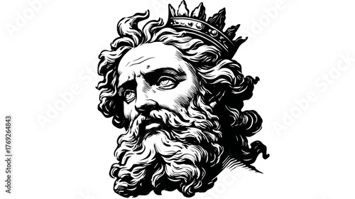 Ancient king or deity head illustration with crown and beard, vintage engraving style artwork, classical masculine portrait, mythological figure