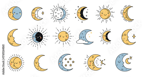 Collection of cute hand-drawn celestial illustrations featuring smiling moons, suns, stars, and clouds in a playful doodle style.