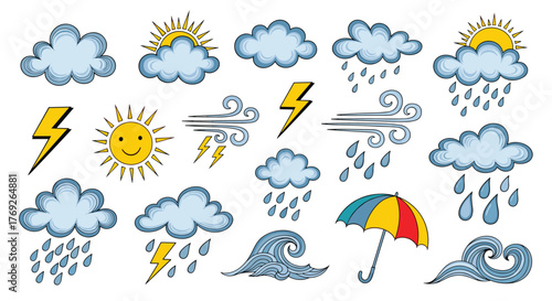 Vibrant hand-drawn vector weather symbols featuring clouds, sun, rain, lightning, wind, waves, and an umbrella on a white background.