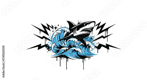 A powerful black and white shark with sharp teeth bursts from blue ocean waves, surrounded by jagged lightning bolts and paint splatters, illustrating marine energy.