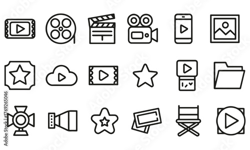 Collection of film production icons isolated on transparent background