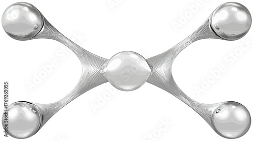 Abstract 3D render of interconnected metallic silver spheres forming a modern X-shaped structure, symbolizing connection, technology, and design.