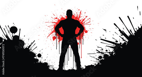Man silhouette with hands on hips against a red ink splatter and dark grunge elements.