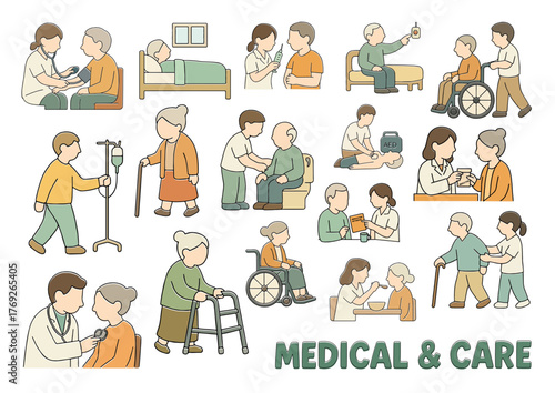 医療と介護の支援イラストセット、Medical and Care Illustration Set