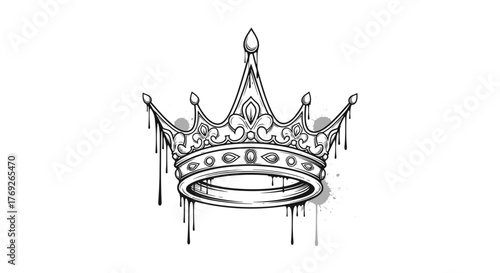 A graphic black and white illustration of a royal crown, featuring dripping paint effects and subtle splatters, blending regal authority with an edgy urban art aesthetic.