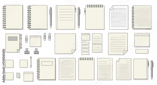 A diverse collection of office and school stationery items including notebooks, blank papers, sticky notes, pens, and paper clips.