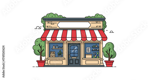 A charming illustration of a small town general store with a red and white awning, inviting customers into its quaint facade.