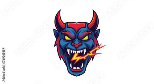 Angry blue devil head with red horns roaring and emitting a lightning bolt from its mouth, in a mascot logo style.