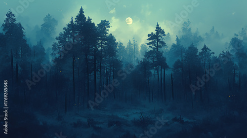 A misty dark forest with fog rolling through, eerie atmosphere with full moon