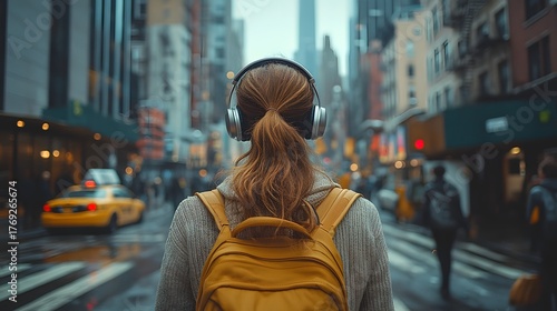 Woman with headphones and yellow backpack walks on a wet city street. Focus on individual experience and urban life. Distracted by tech, unaware of surroundings and littering.