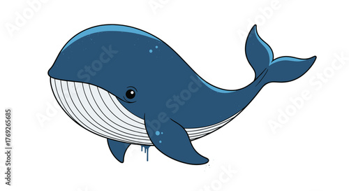 A cheerful and friendly cartoon blue whale illustration with a playful demeanor swimming against a clean white background.