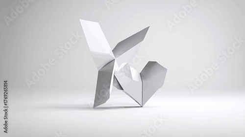 Abstract geometric white sculpture with sharp angles and folded planes, minimalist modern 3D art on a clean background.