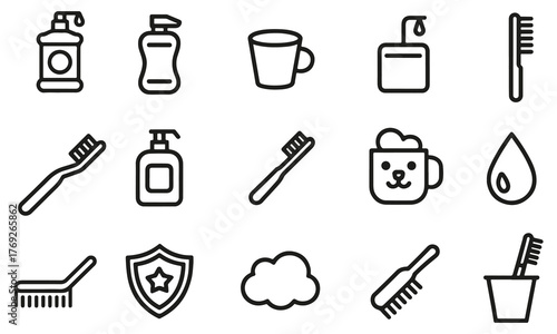 Collection of bathroom icons including cups toothbrushes and soap dispensers isolated on transparent background