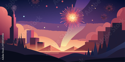 Cityscape at Night with Fireworks and Colorful Sky Keywords: cityscape, night, fireworks, city