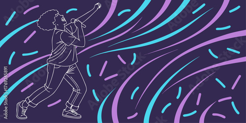 Person Singing with Swirling Ribbons and Confetti Keywords: person, singing, microphone, music