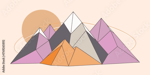 Geometric Mountain Range with Sun and Rings Keywords: mountains, geometric, abstract, nature