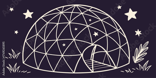 Hand- Drawn Igloo Structure with Stars and Foliage Keywords: igloo, dome, structure, shelter