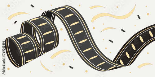 Black Film Reel with Confetti and Streamers Keywords: film, movie, cinema, tape, reel, cinema