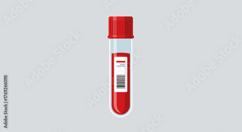 A test tube filled with a blood sample is sealed with a red stopper barcode label attached